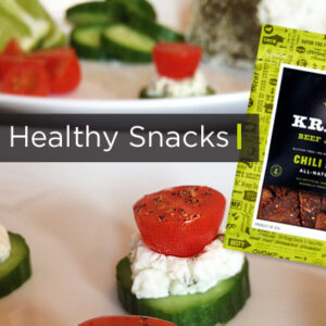 Healthy Snacks for Game Day Healthy snacks for game day. Cucumber tomato bites and Krave Jerky