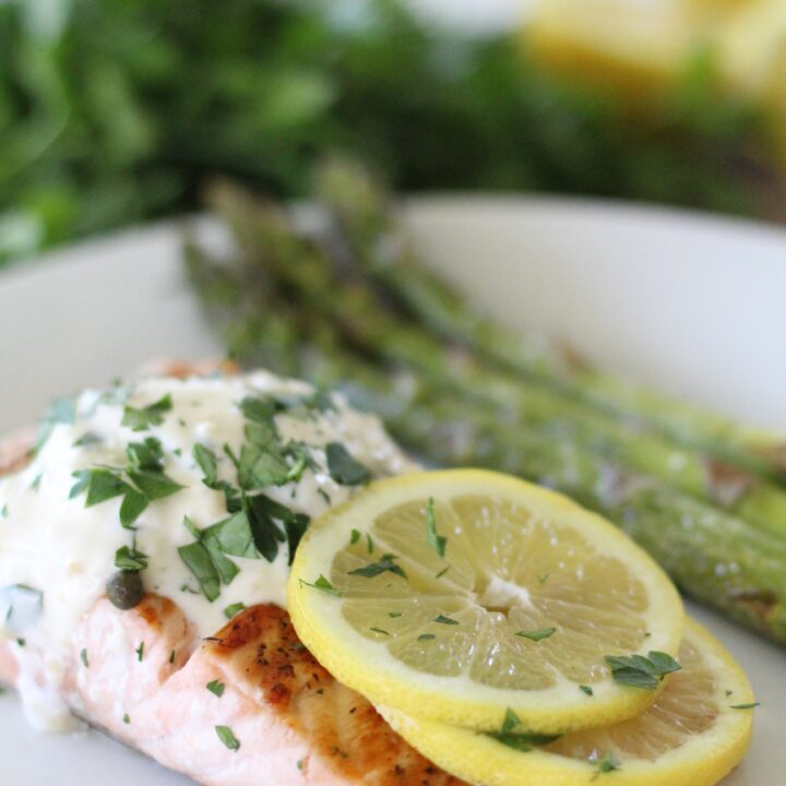 Pan seared Lemon and Herb Salmon with Garlic Aioli, herb goat cheese and asparagus