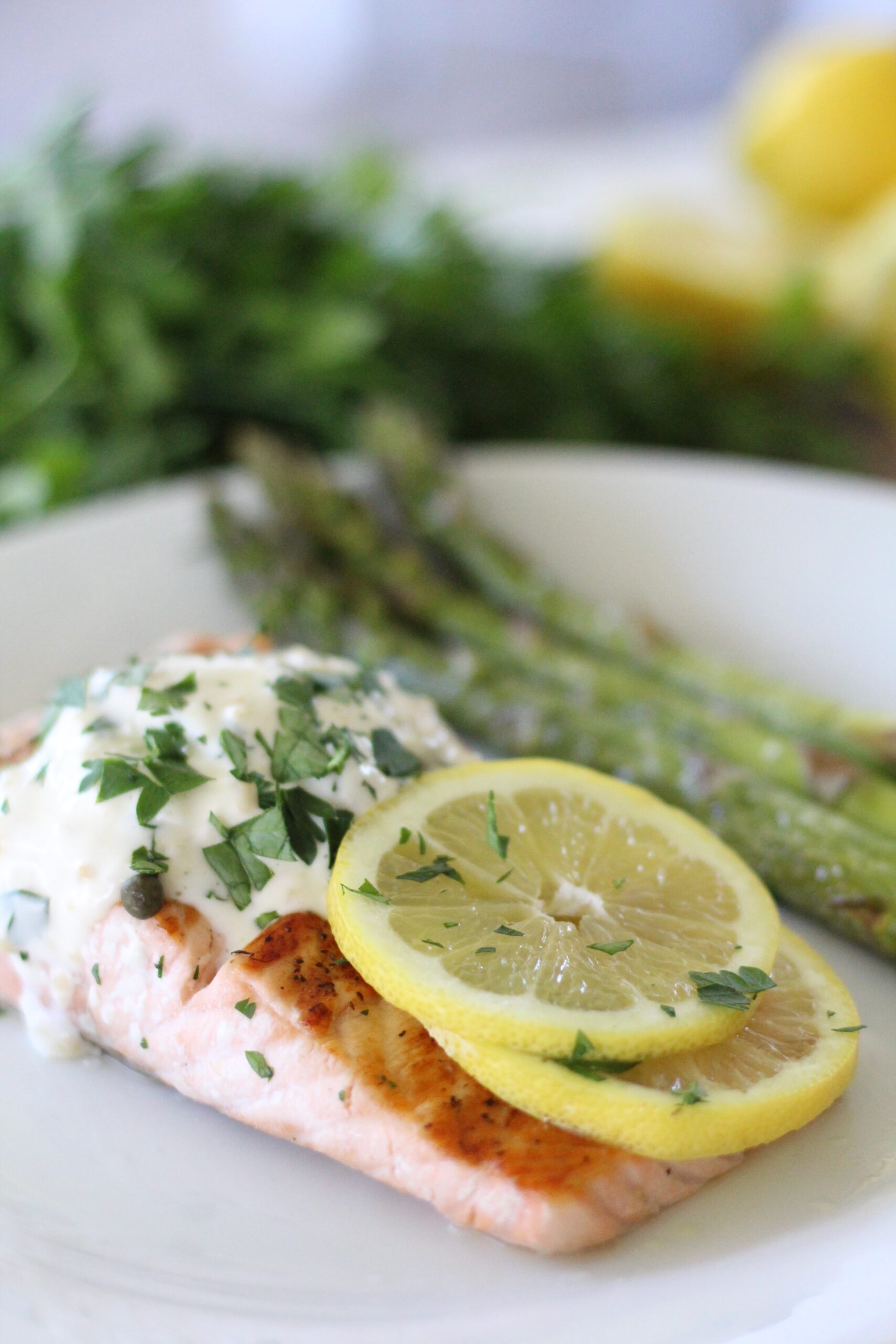 Pan seared Lemon and Herb Salmon with Garlic Aioli, herb goat cheese and asparagus