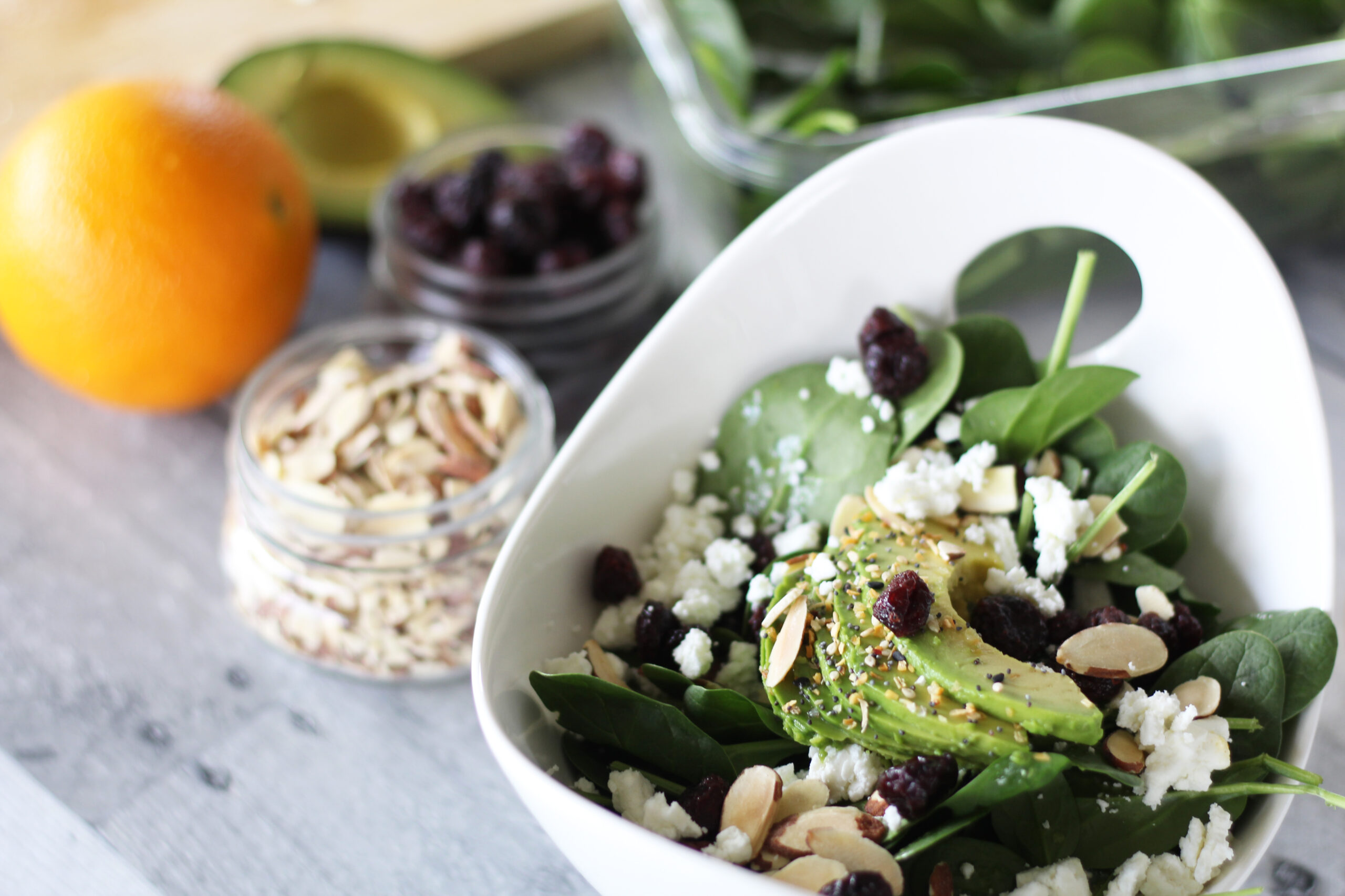 Spinach Salad with Cranberries, Almonds and Goat Cheese
