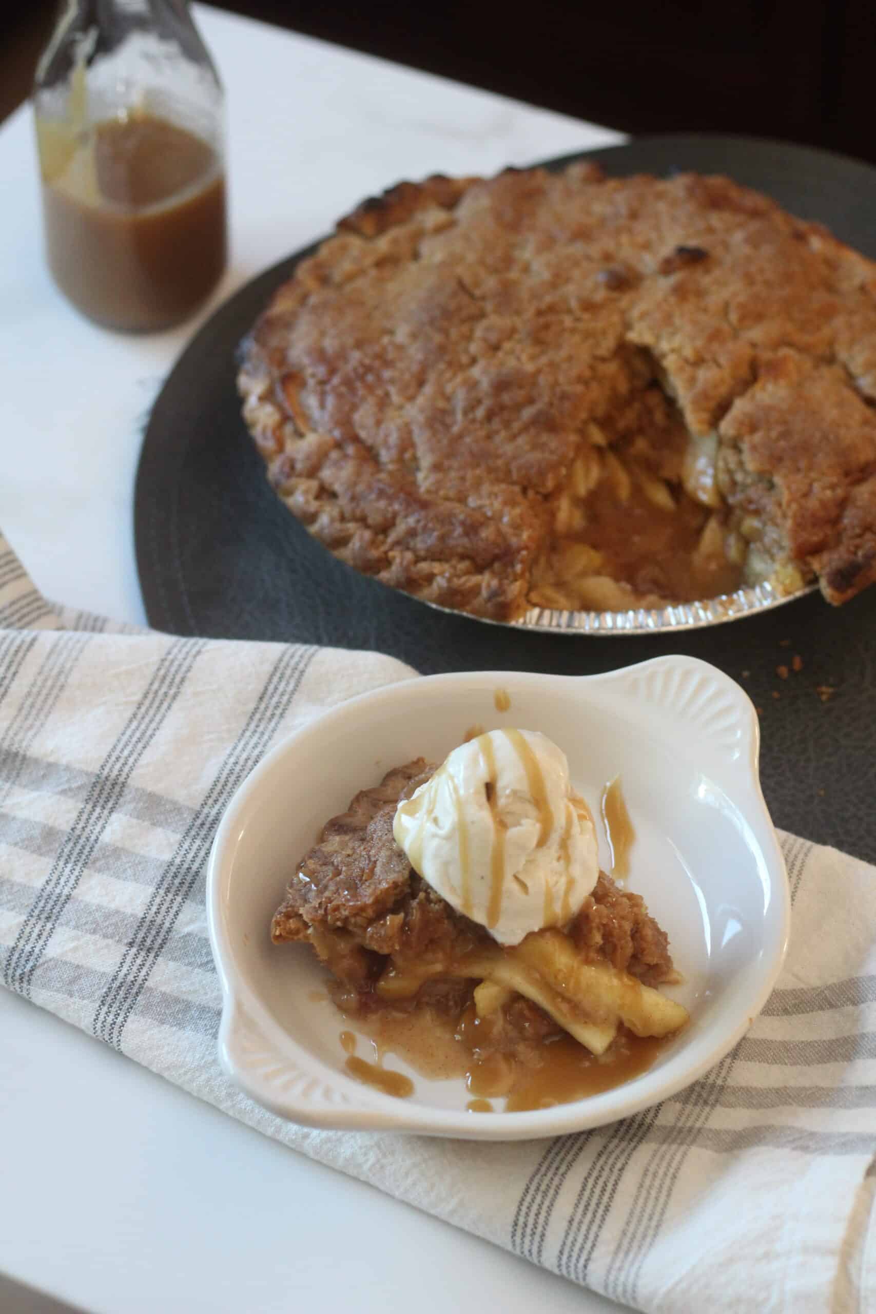 Apple Crumb Pie with Caramel and Ice Cream