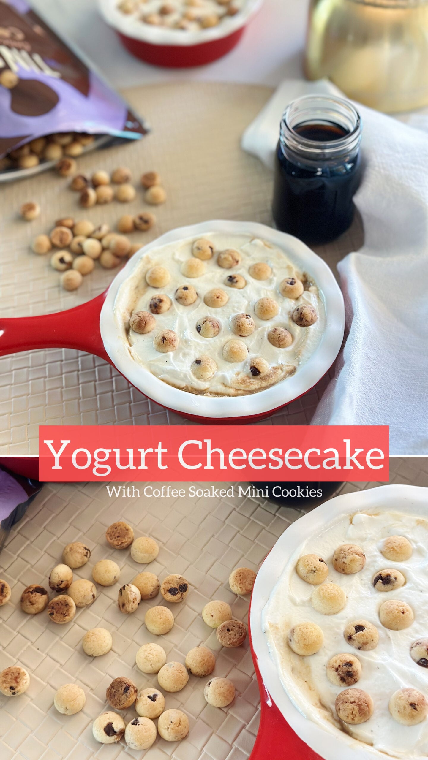 Yogurt Cheesecake with Coffee Soaked Mini Chocolate Chip Cookies