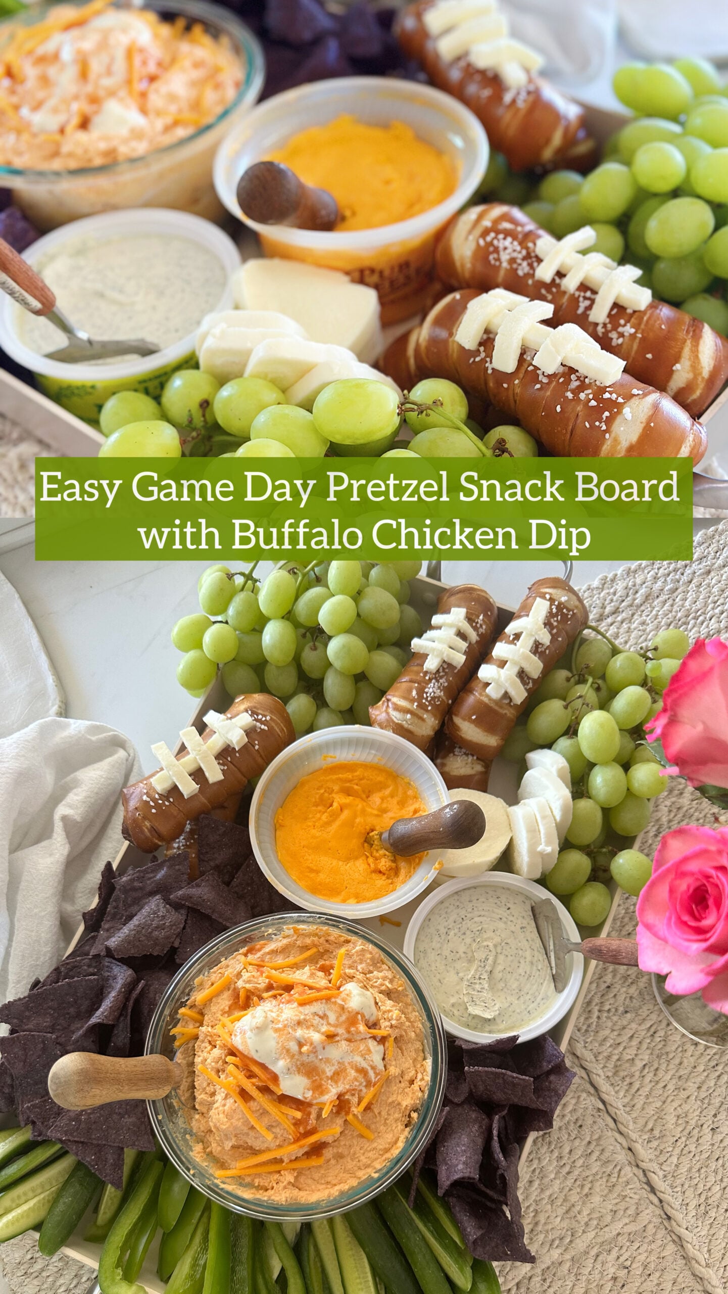 Easy Game Day Snack Board with Buffalo Chicken Dip and Football Pretzels