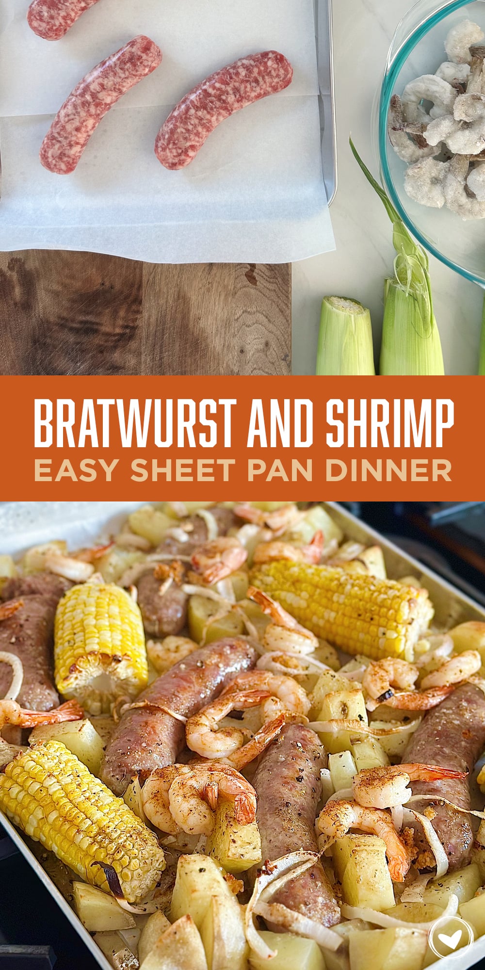 bratwurst and shrimp, easy sheet pan dinner