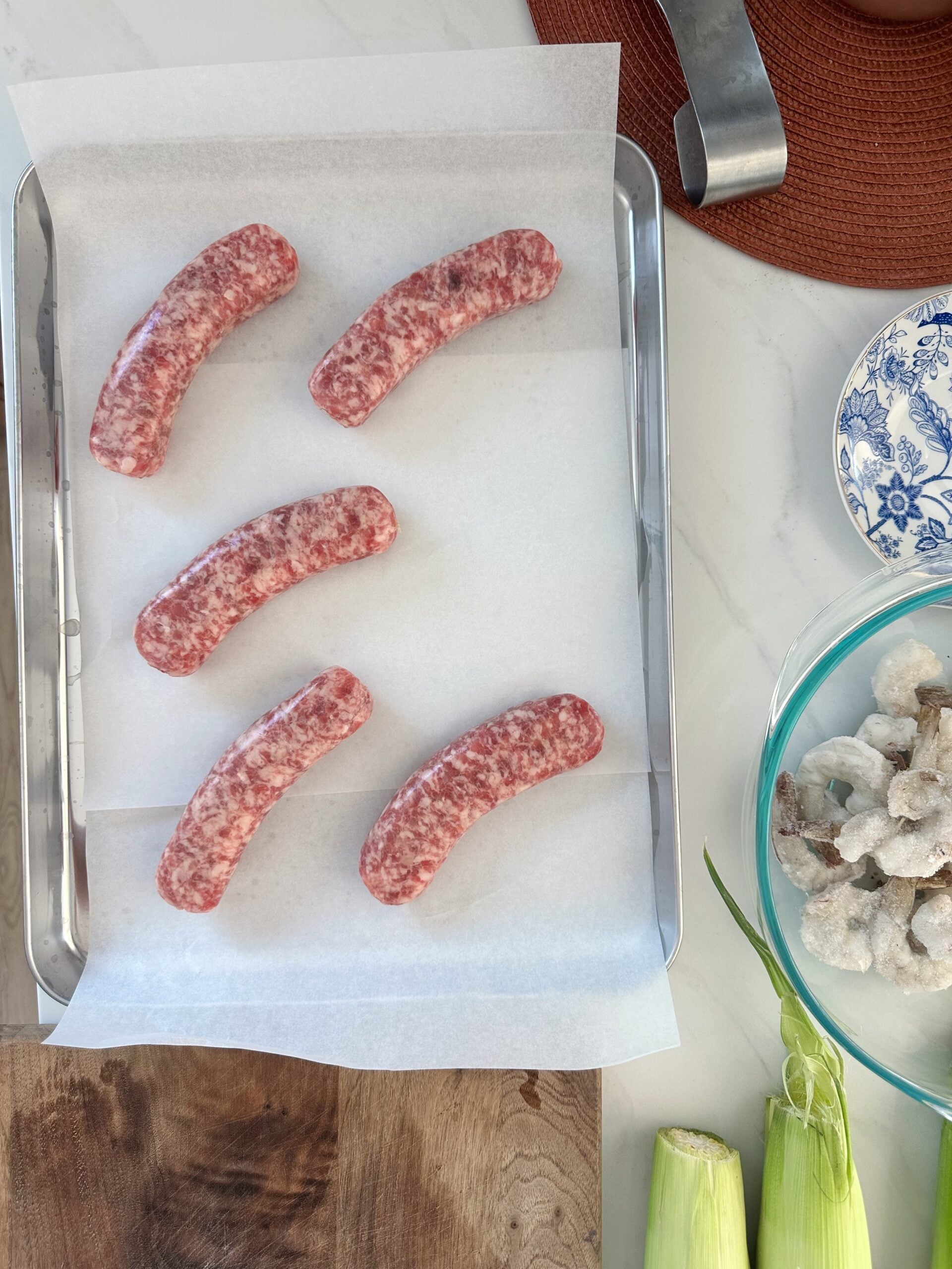 bratwurst on the sheet pan